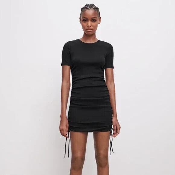 Zara Womens Dress Medium Black Ribbed Crew Neck Ruched Sides Knit Mini Short - Picture 1 of 11